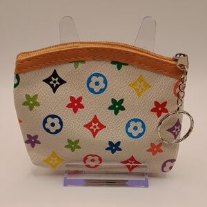 Colorful White Patterned Coin Purse With Keyring